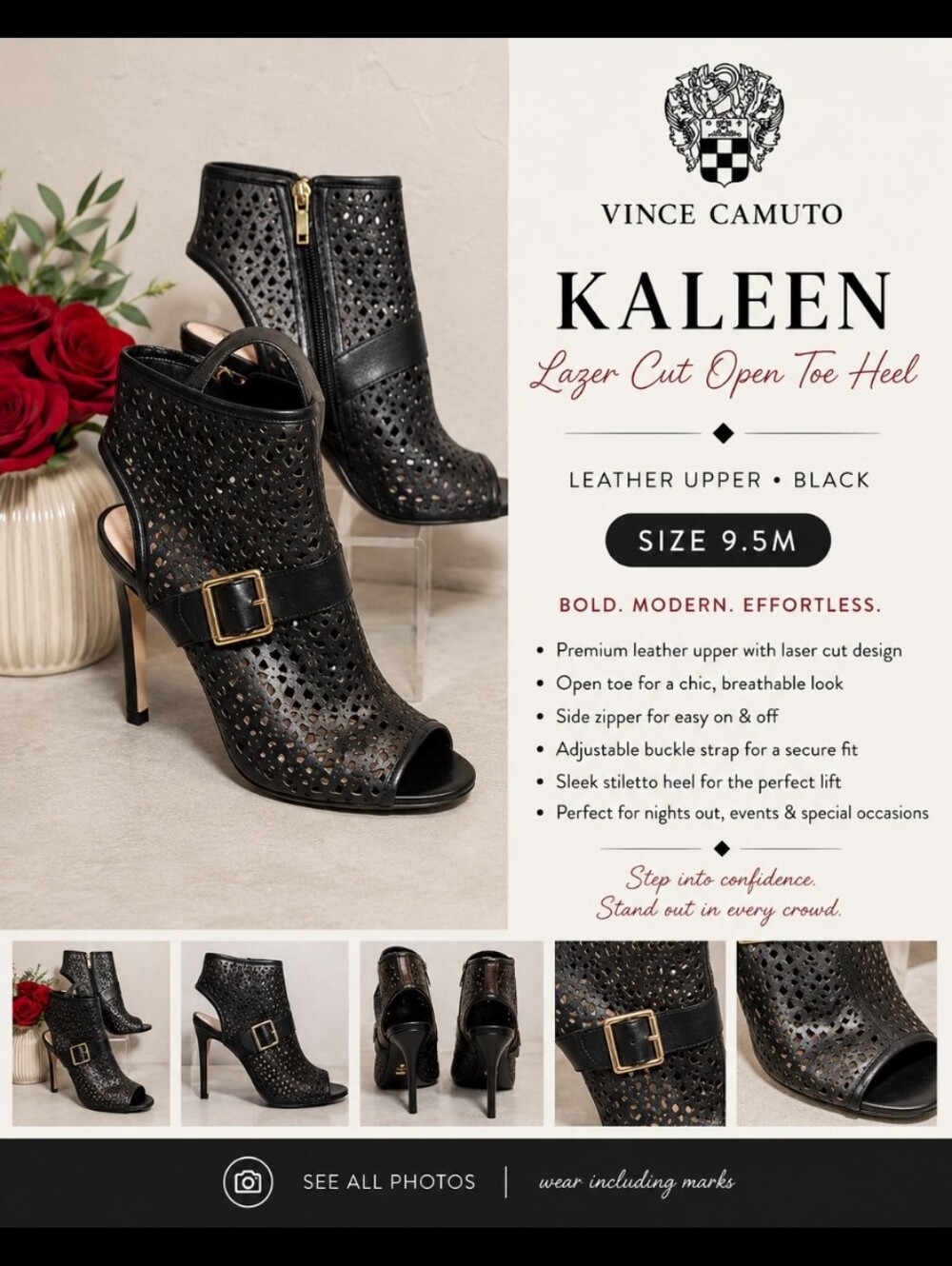VINCE CAMUTO Kaleen 9.5M Leather Upper Lazer Cut Open Toe Heel Black